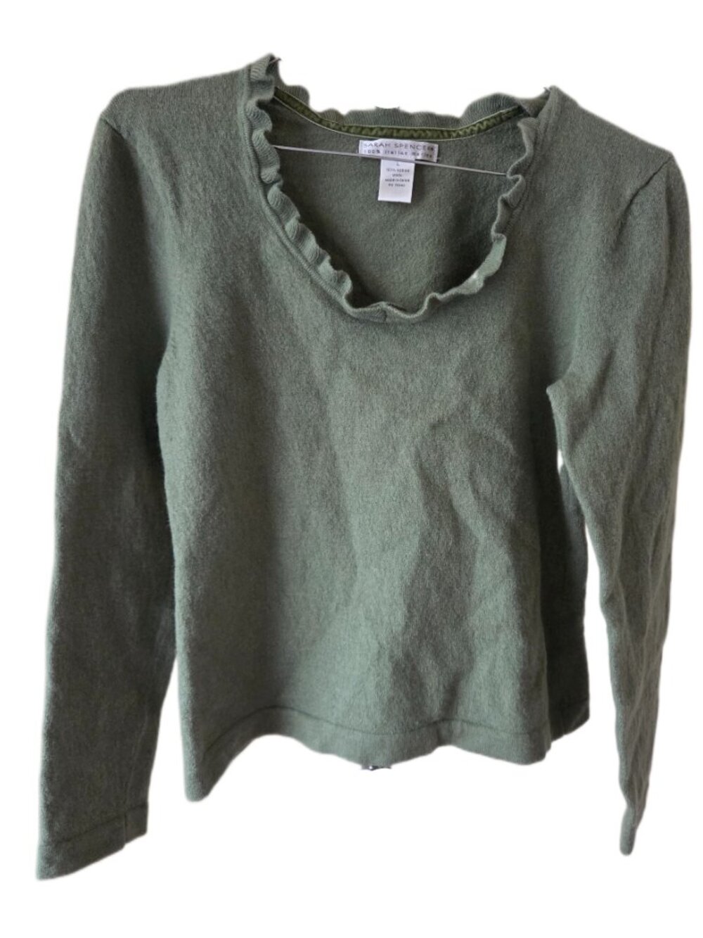 Sarah Spencer Moss Green Long Sleeve Knit Sweater with Ruffled Scoop Neckline